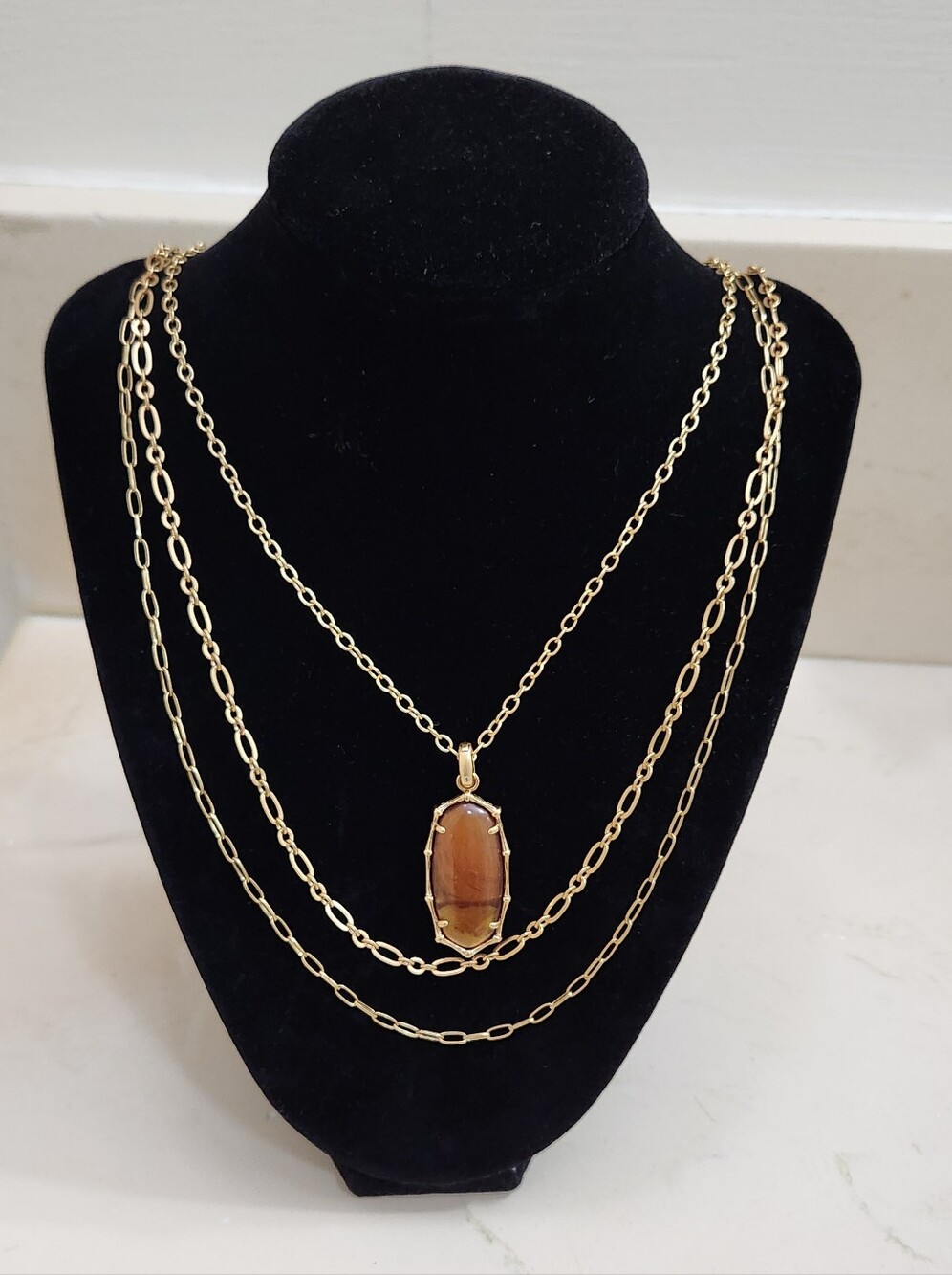 Kendra Scott Elle Bamboo Framed Triple Strand Necklace Vintage Gold/Amber NWT
